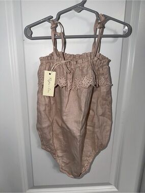 Rylee + Cru Lilac Linen Romper with Eyelet Trim